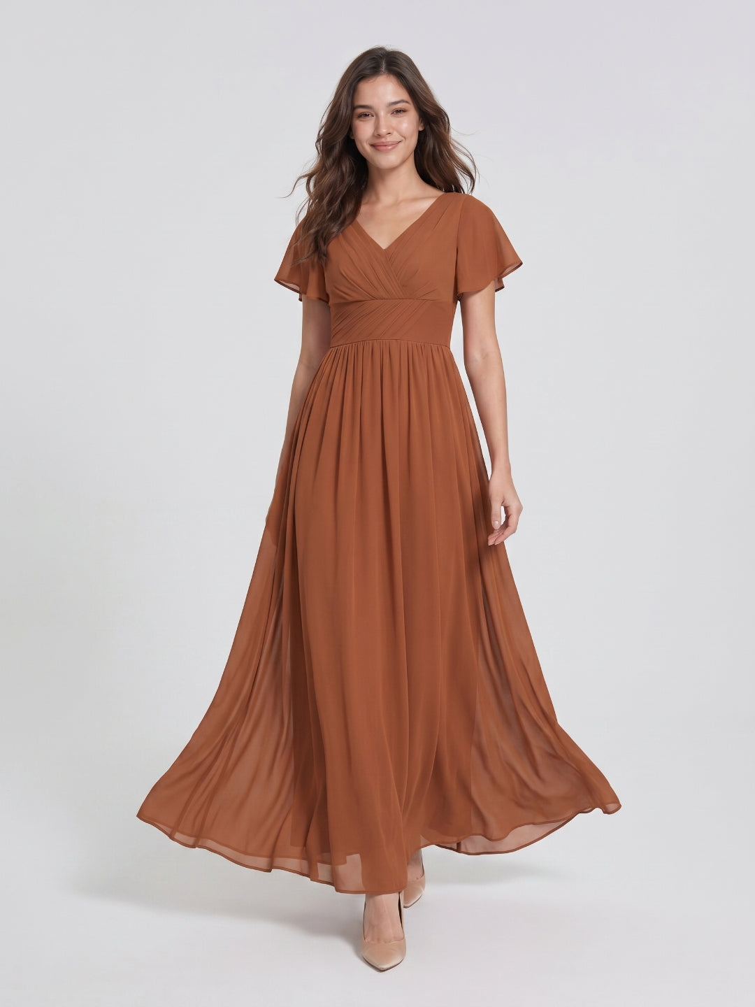 Terracotta Chiffon A-Line V-Neck V-Back Floor-Length Pleated Bridesmaid Dress - Curvevia