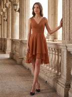 Terracotta Chiffon A-Line V-Neck V-Back Knee-Length Pleated Bridesmaid Dress - Curvevia