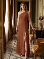 Terracotta Chiffon Column One Shoulder Side Zip Ankle-Length Bridesmaid Dress - Curvevia