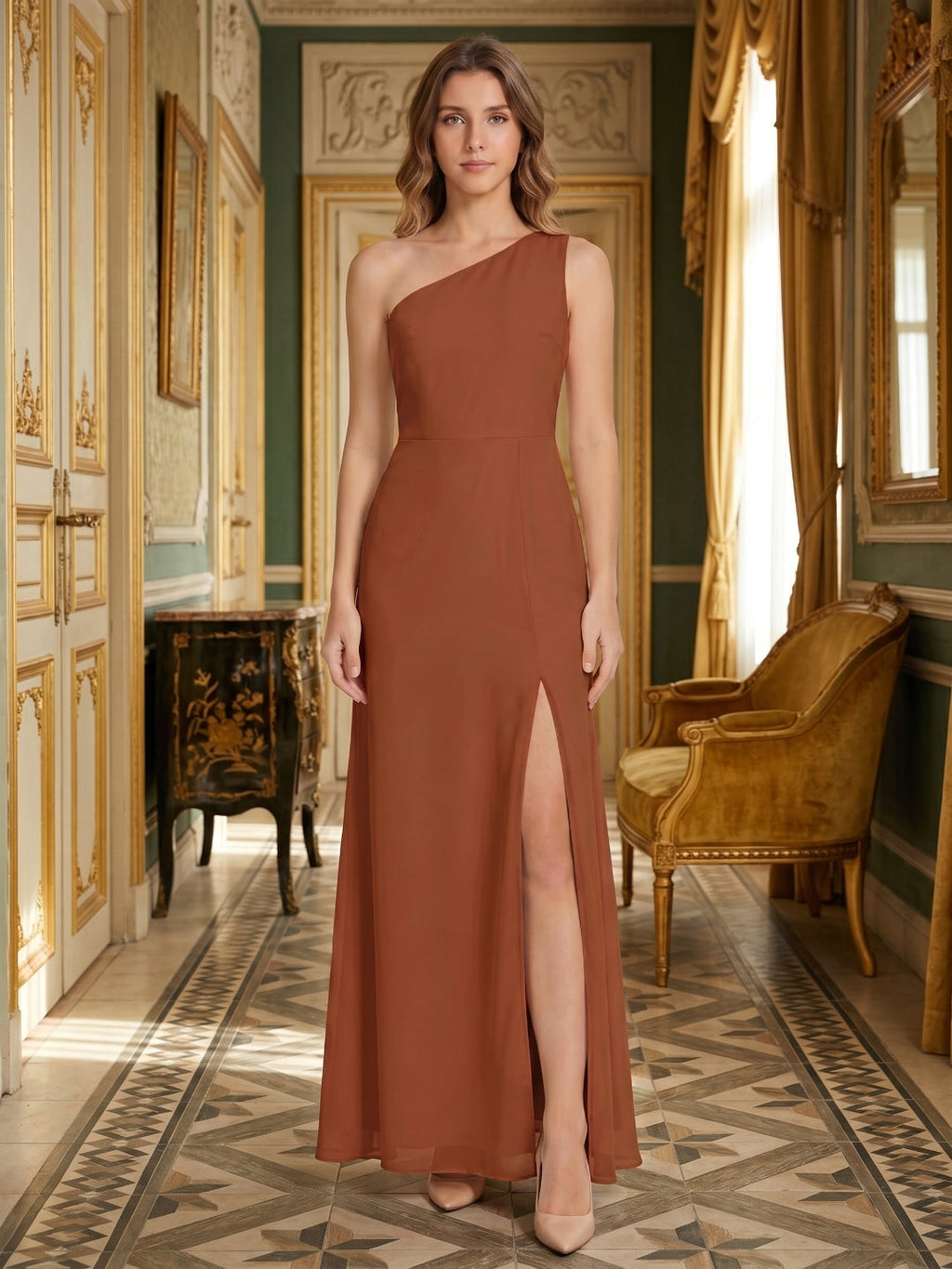 Terracotta Chiffon Column One Shoulder Side Zip Ankle-Length Bridesmaid Dress - Curvevia