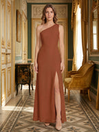 Terracotta Chiffon Column One Shoulder Side Zip Ankle-Length Bridesmaid Dress - Curvevia