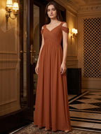 Terracotta Chiffon Empire Off-the-Shoulder V-Back Floor-Length Pleated Bridesmaid Dress - Curvevia