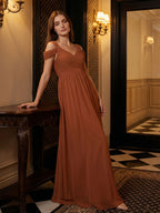 Terracotta Chiffon Empire Off-the-Shoulder V-Back Floor-Length Pleated Bridesmaid Dress - Curvevia