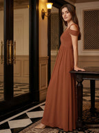 Terracotta Chiffon Empire Off-the-Shoulder V-Back Floor-Length Pleated Bridesmaid Dress - Curvevia