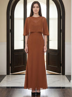 Terracotta Chiffon Mermaid Sweetheart Back Zip Floor-Length Bridesmaid Dress with Cape - Curvevia