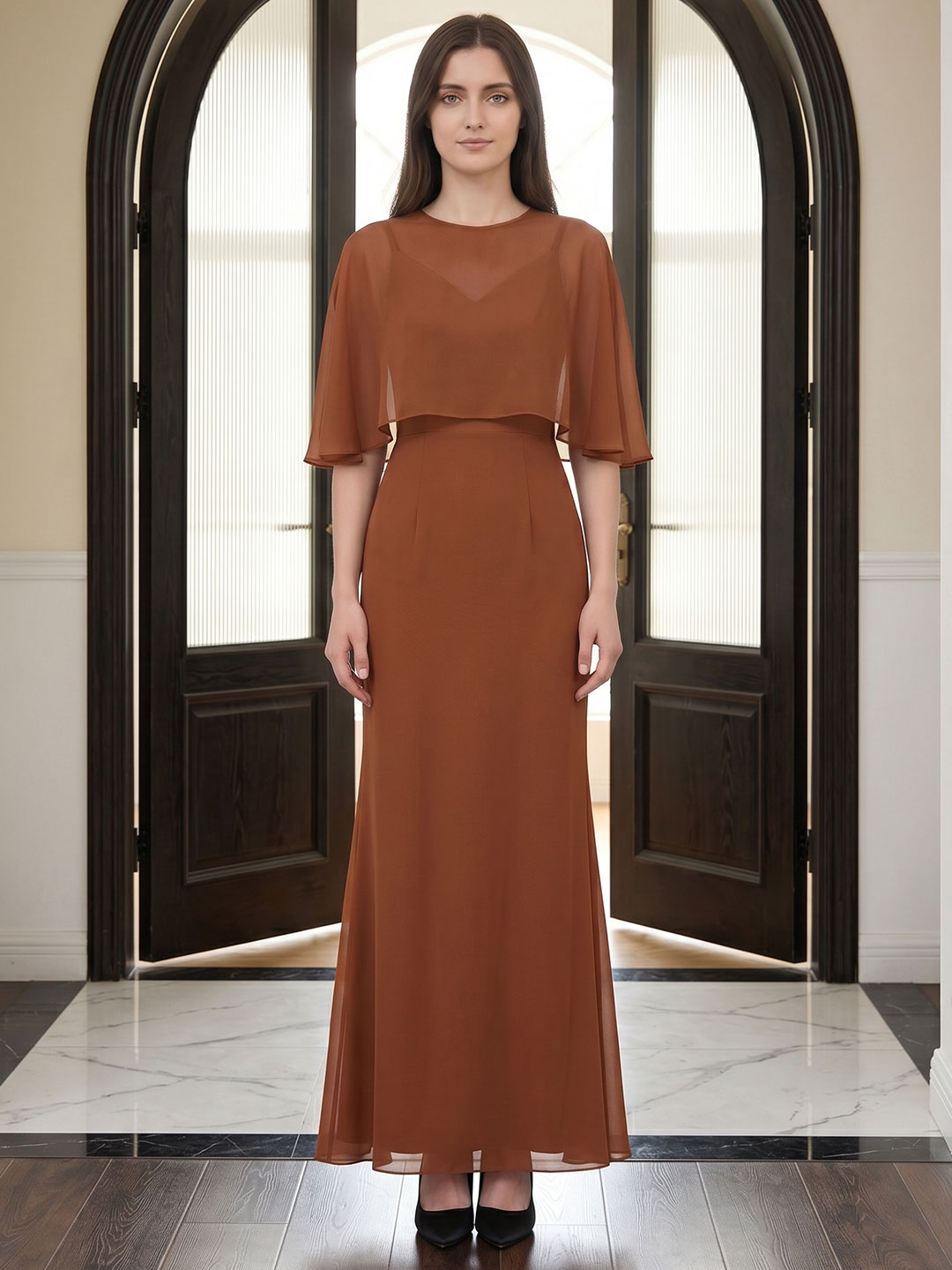 Terracotta Chiffon Mermaid Sweetheart Back Zip Floor-Length Bridesmaid Dress with Cape - Curvevia