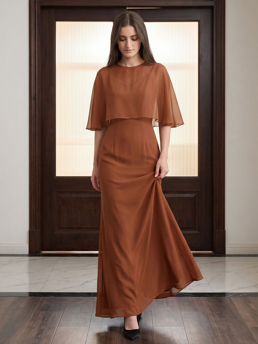 Terracotta Chiffon Mermaid Sweetheart Back Zip Floor-Length Bridesmaid Dress with Cape - Curvevia