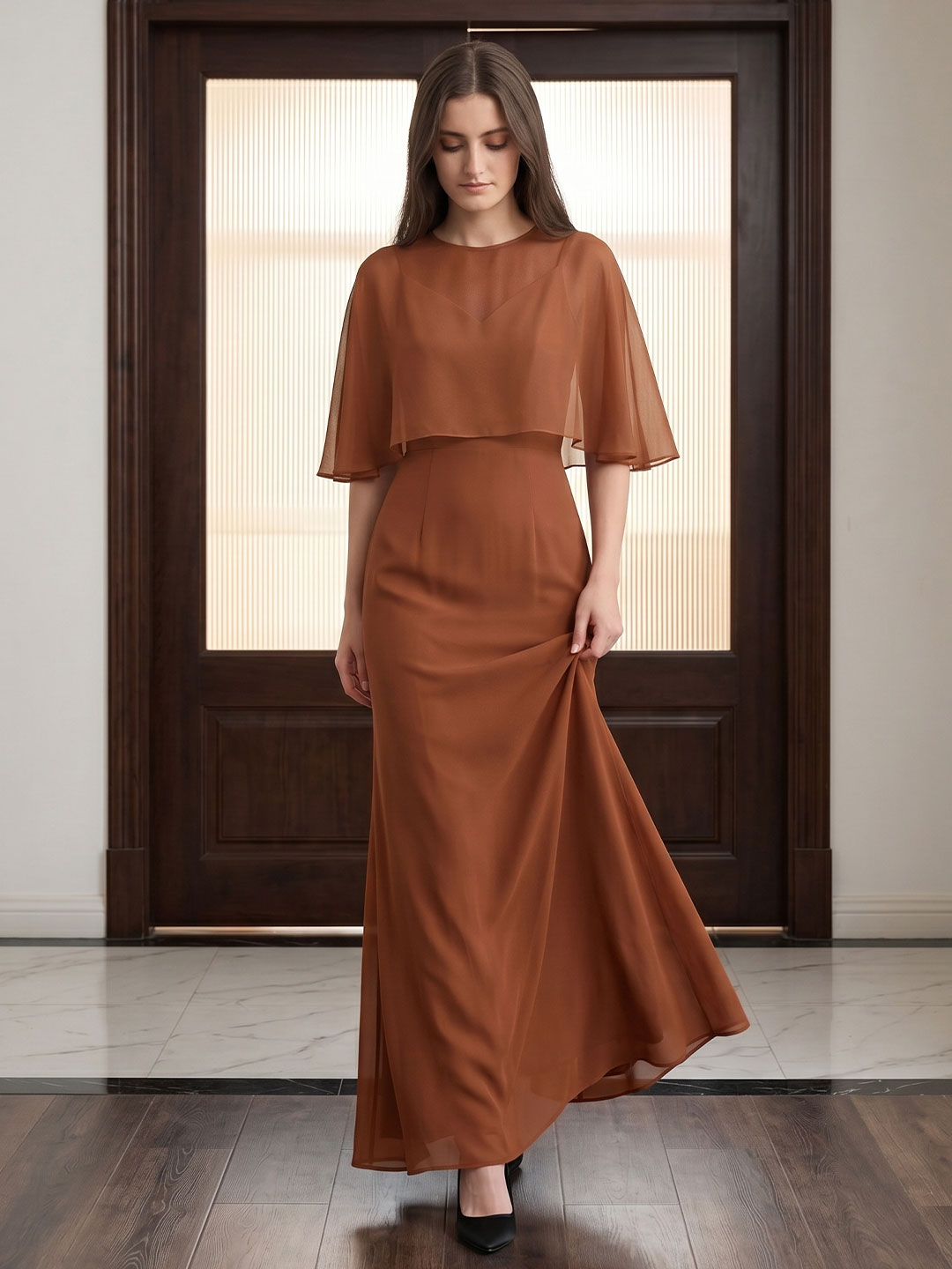 Terracotta Chiffon Mermaid Sweetheart Back Zip Floor-Length Bridesmaid Dress with Cape - Curvevia