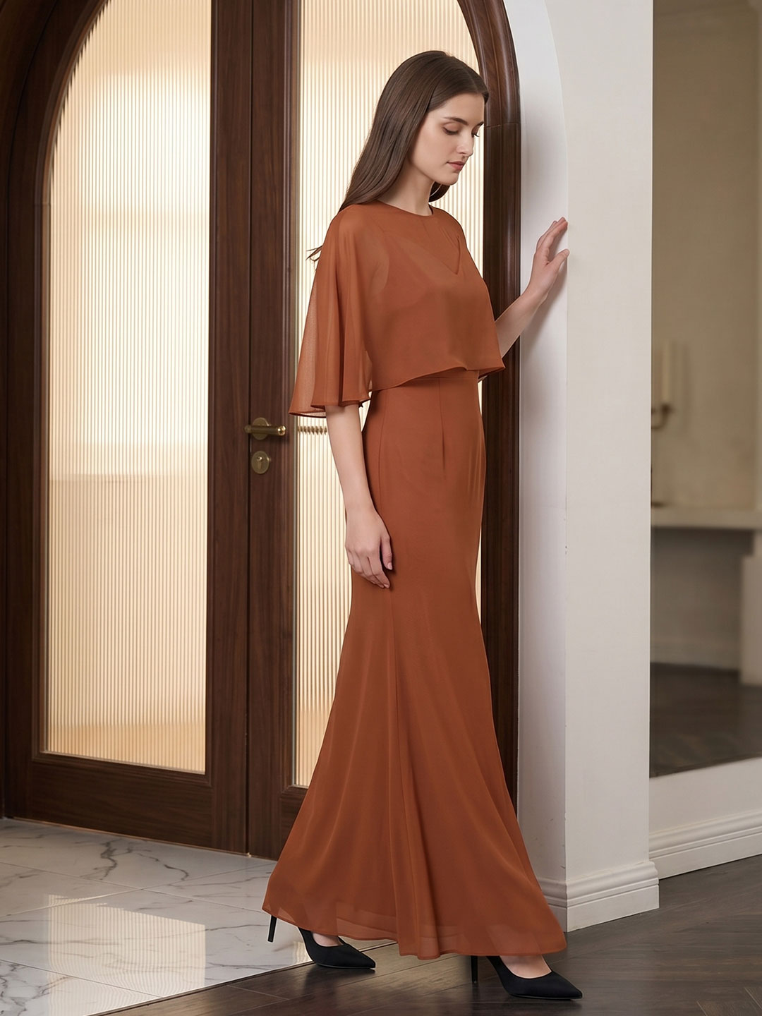 Terracotta Chiffon Mermaid Sweetheart Back Zip Floor-Length Bridesmaid Dress with Cape - Curvevia