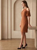 Terracotta Chiffon Sheath Off-the-Shoulder Back Zip Knee-Length Ruffle Bridesmaid Dress - Curvevia