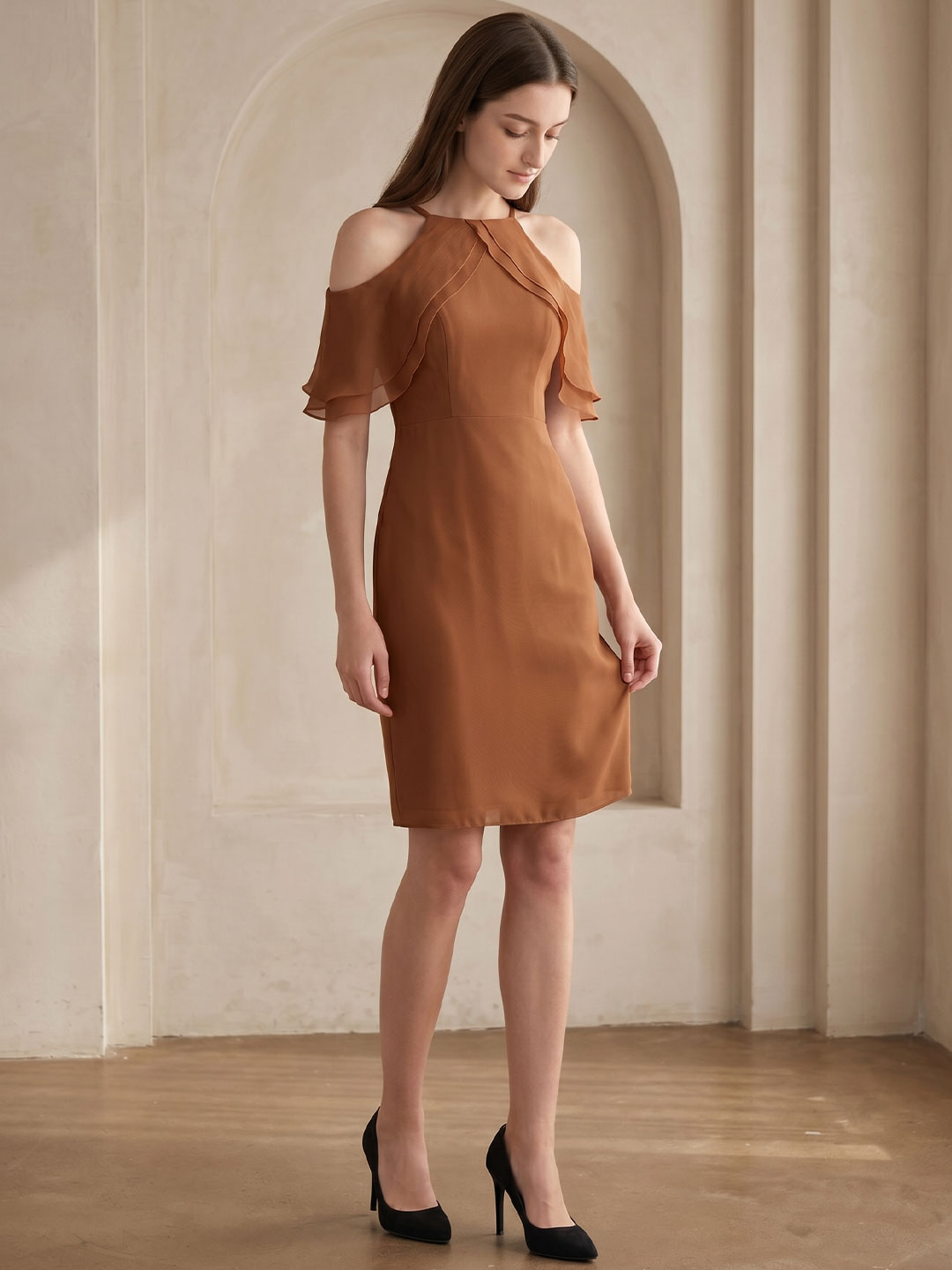 Terracotta Chiffon Sheath Off-the-Shoulder Back Zip Knee-Length Ruffle Bridesmaid Dress - Curvevia