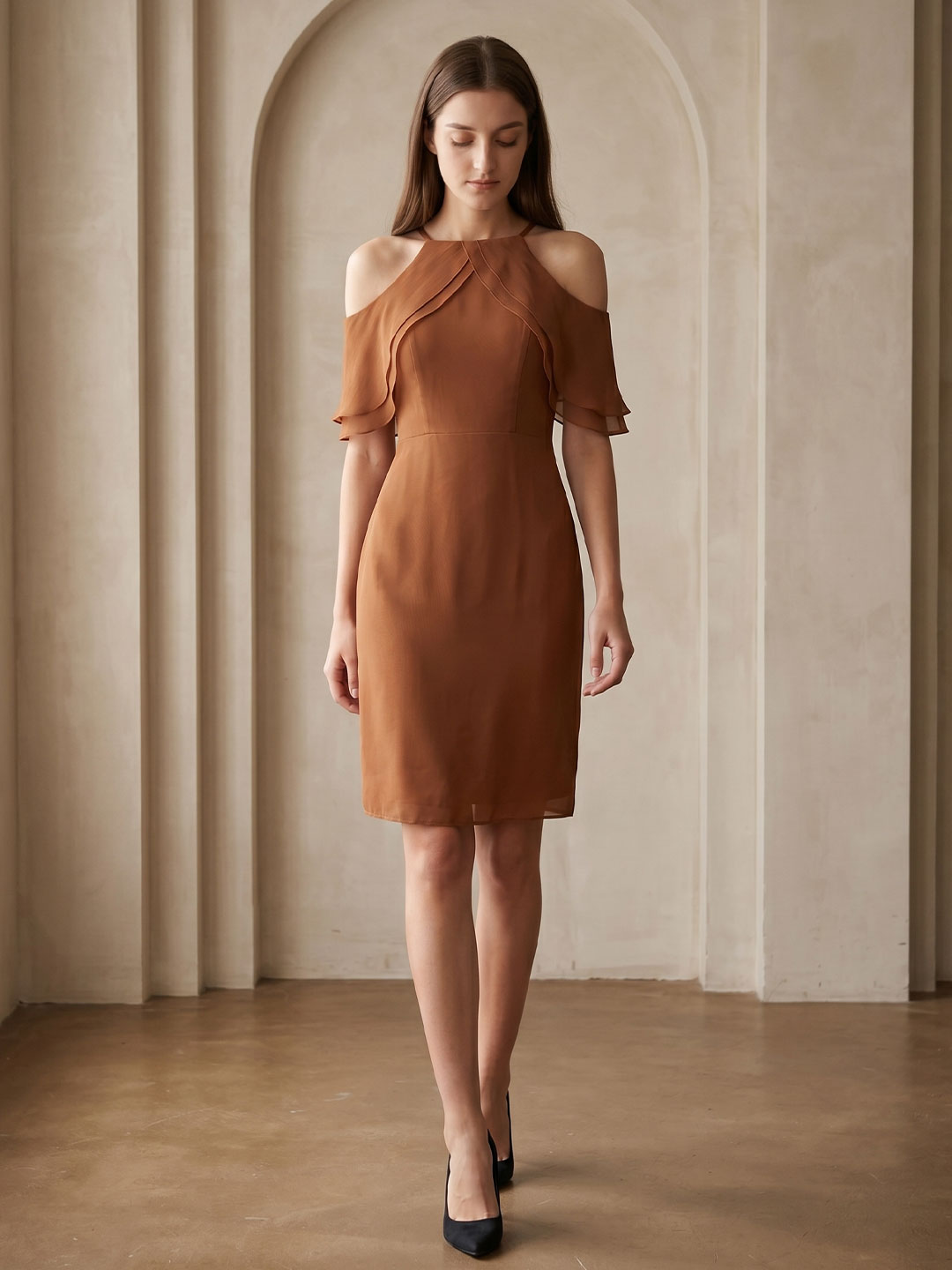 Terracotta Chiffon Sheath Off-the-Shoulder Back Zip Knee-Length Ruffle Bridesmaid Dress - Curvevia