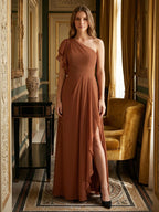 Terracotta Chiffon Sheath One Shoulder Back Zip Floor-Length Ruffle Bridesmaid Dress - Curvevia