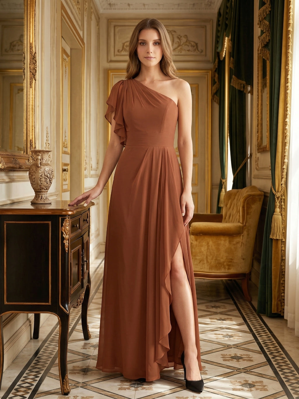 Terracotta Chiffon Sheath One Shoulder Back Zip Floor-Length Ruffle Bridesmaid Dress - Curvevia