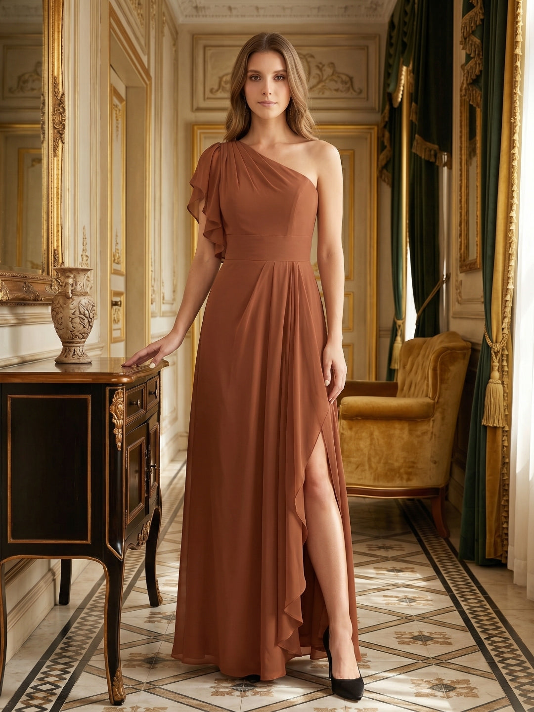 Terracotta Chiffon Sheath One Shoulder Back Zip Floor-Length Ruffle Bridesmaid Dress - Curvevia