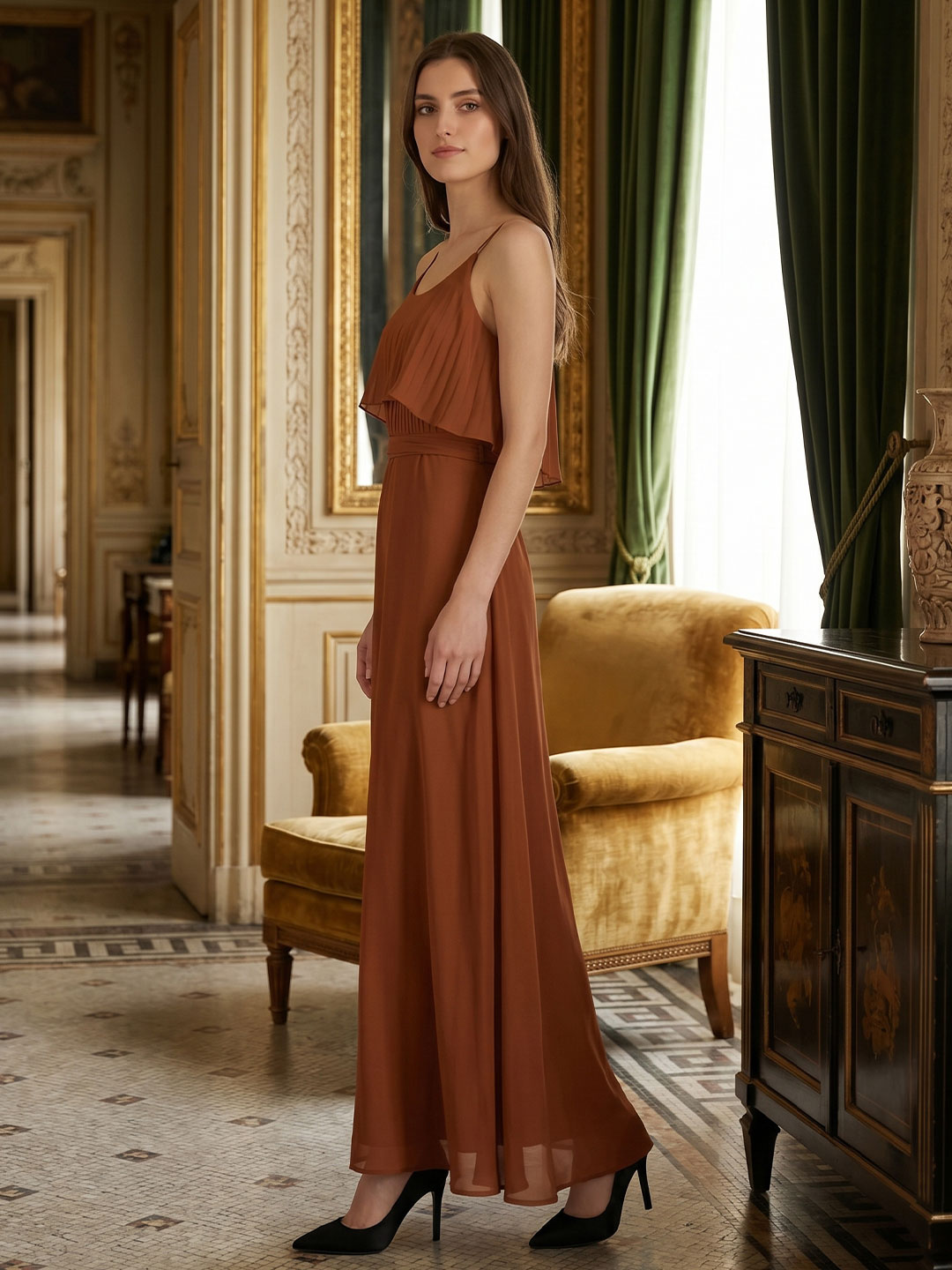 Terracotta Chiffon Sheath Scoop Neck Backless Floor-Length Bridesmaid Dress with Bow - Curvevia