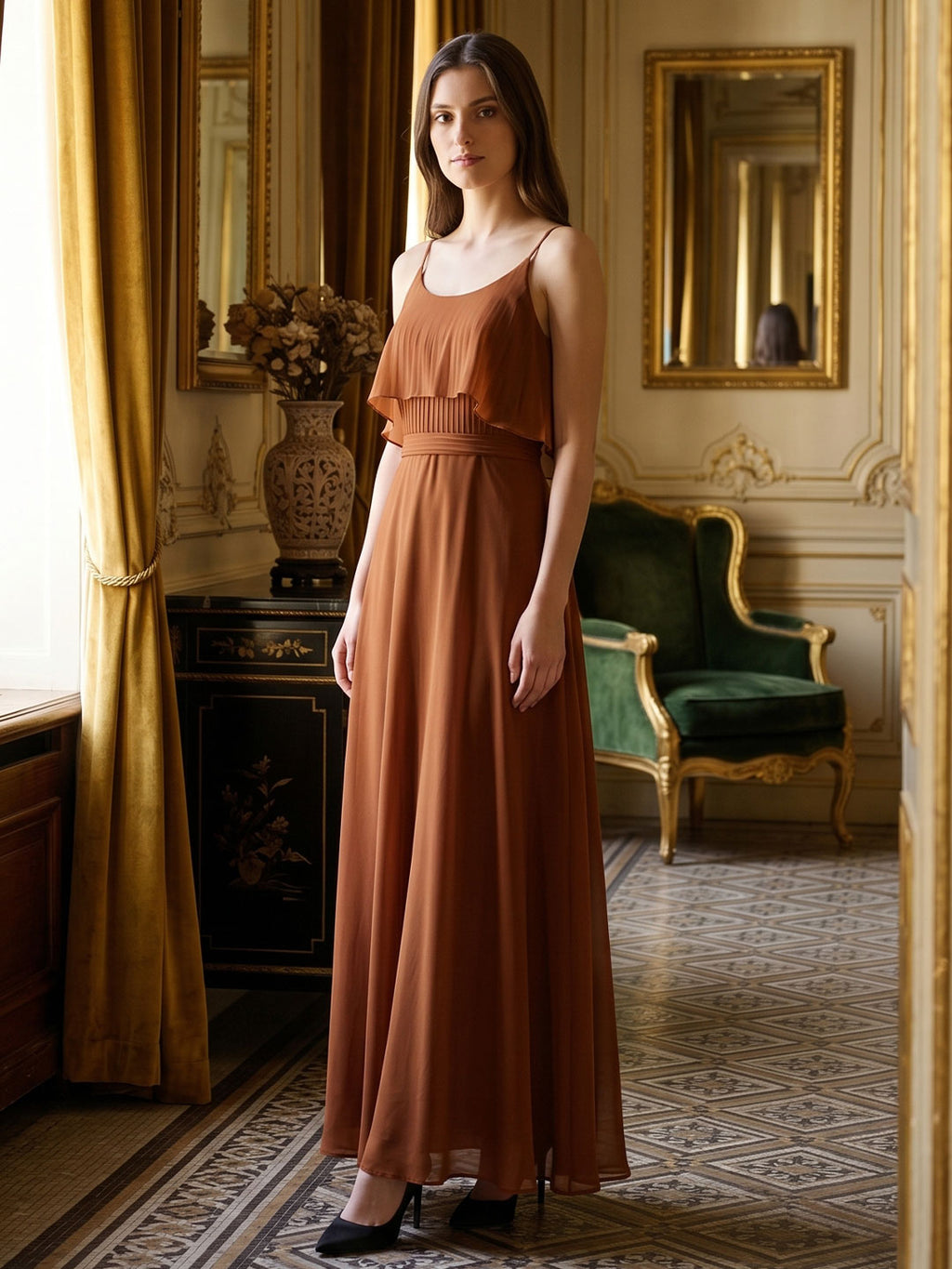 Terracotta Chiffon Sheath Scoop Neck Backless Floor-Length Bridesmaid Dress with Bow - Curvevia