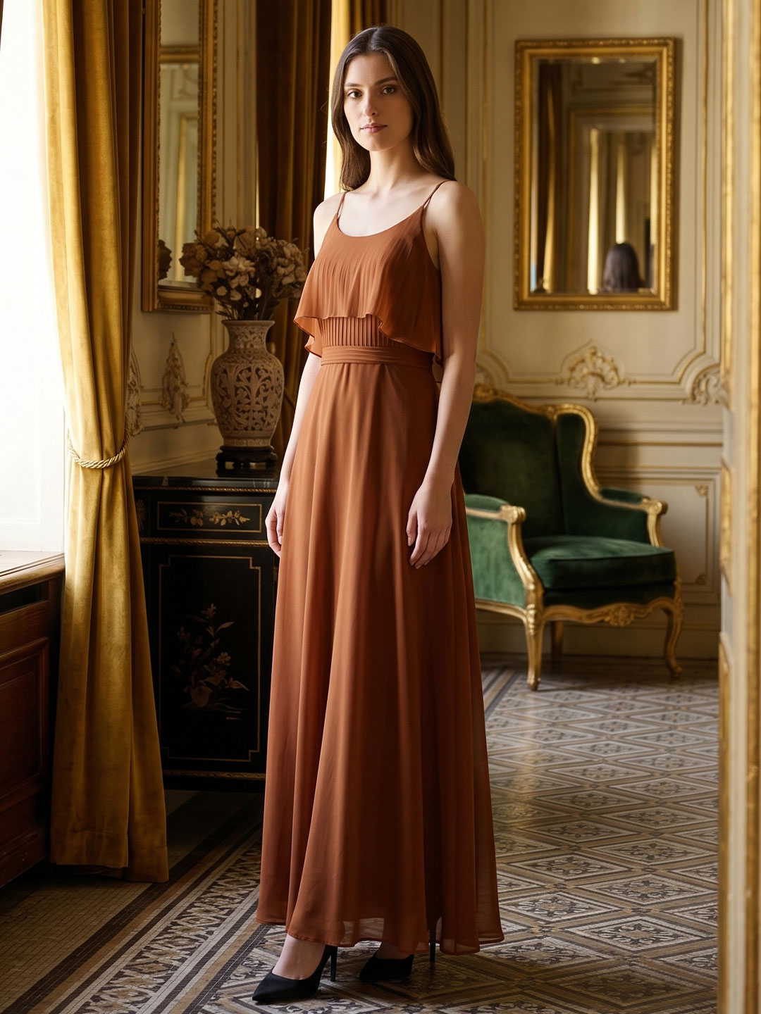 Terracotta Chiffon Sheath Scoop Neck Backless Floor-Length Bridesmaid Dress with Bow - Curvevia