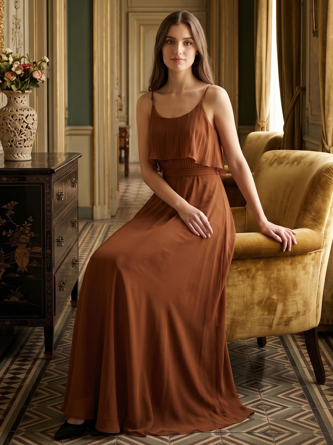 Terracotta Chiffon Sheath Scoop Neck Backless Floor-Length Bridesmaid Dress with Bow - Curvevia