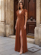 Terracotta Chiffon Sheath V-Neck Back Zip Floor-Length Ruffle Bridesmaid Dress - Curvevia