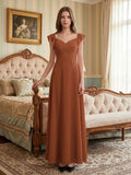 Terracotta Chiffon Sheath V-Neck Backless Floor-Length Ruffle Bridesmaid Dress - Curvevia