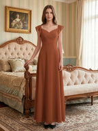 Terracotta Chiffon Sheath V-Neck Backless Floor-Length Ruffle Bridesmaid Dress - Curvevia