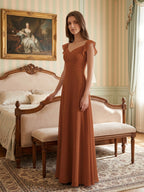 Terracotta Chiffon Sheath V-Neck Backless Floor-Length Ruffle Bridesmaid Dress - Curvevia
