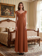 Terracotta Chiffon Sheath V-Neck Backless Floor-Length Ruffle Bridesmaid Dress - Curvevia