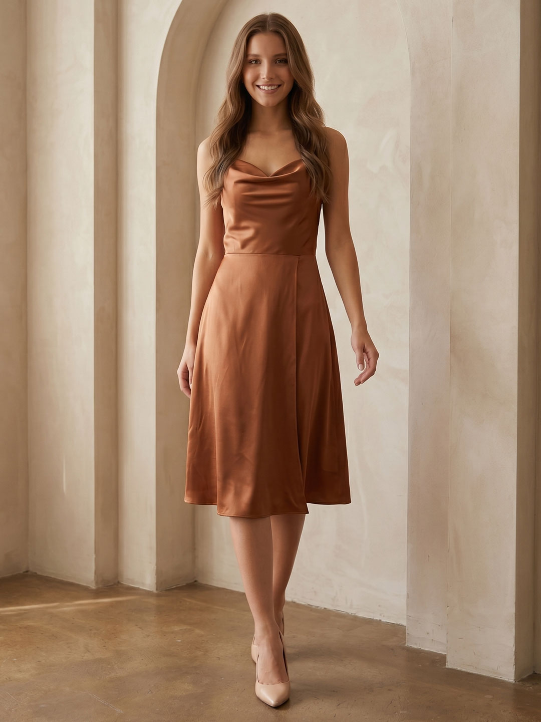 Terracotta Satin A-Line Cowl Neck Backless Knee-Length Bridesmaid Dress - Curvevia