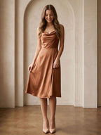 Terracotta Satin A-Line Cowl Neck Backless Knee-Length Bridesmaid Dress - Curvevia