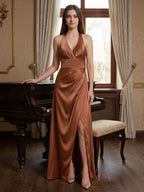 Terracotta Satin A-Line Halter Backless Floor-Length Pleated Bridesmaid Dress - Curvevia
