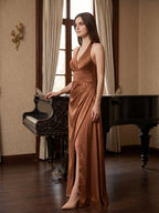 Terracotta Satin A-Line Halter Backless Floor-Length Pleated Bridesmaid Dress - Curvevia