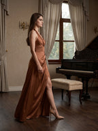 Terracotta Satin A-Line Halter Backless Floor-Length Pleated Bridesmaid Dress - Curvevia