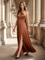 Terracotta Satin A-Line Halter Lace-Up Back Floor-Length Bridesmaid Dress with Bow - Curvevia