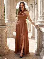Terracotta Satin A-Line Halter Lace-Up Back Floor-Length Bridesmaid Dress with Bow - Curvevia