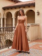 Terracotta Satin A-Line V-Neck Bow Back Floor-Length Bridesmaid Dress with Bow - Curvevia