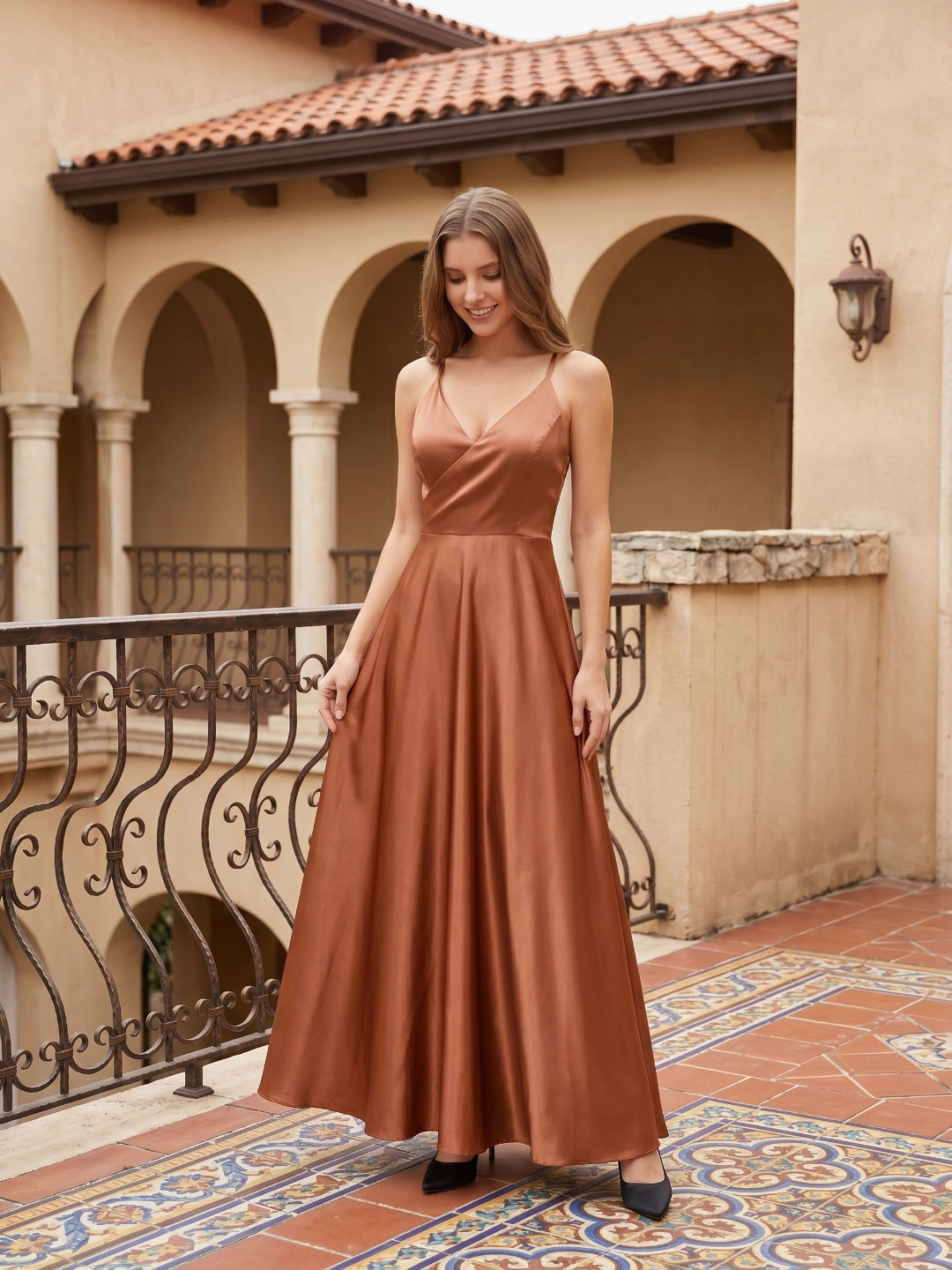 Terracotta Satin A-Line V-Neck Bow Back Floor-Length Bridesmaid Dress with Bow - Curvevia