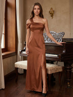 Terracotta Satin Column One Shoulder Backless Floor-Length Bridesmaid Dress - Curvevia