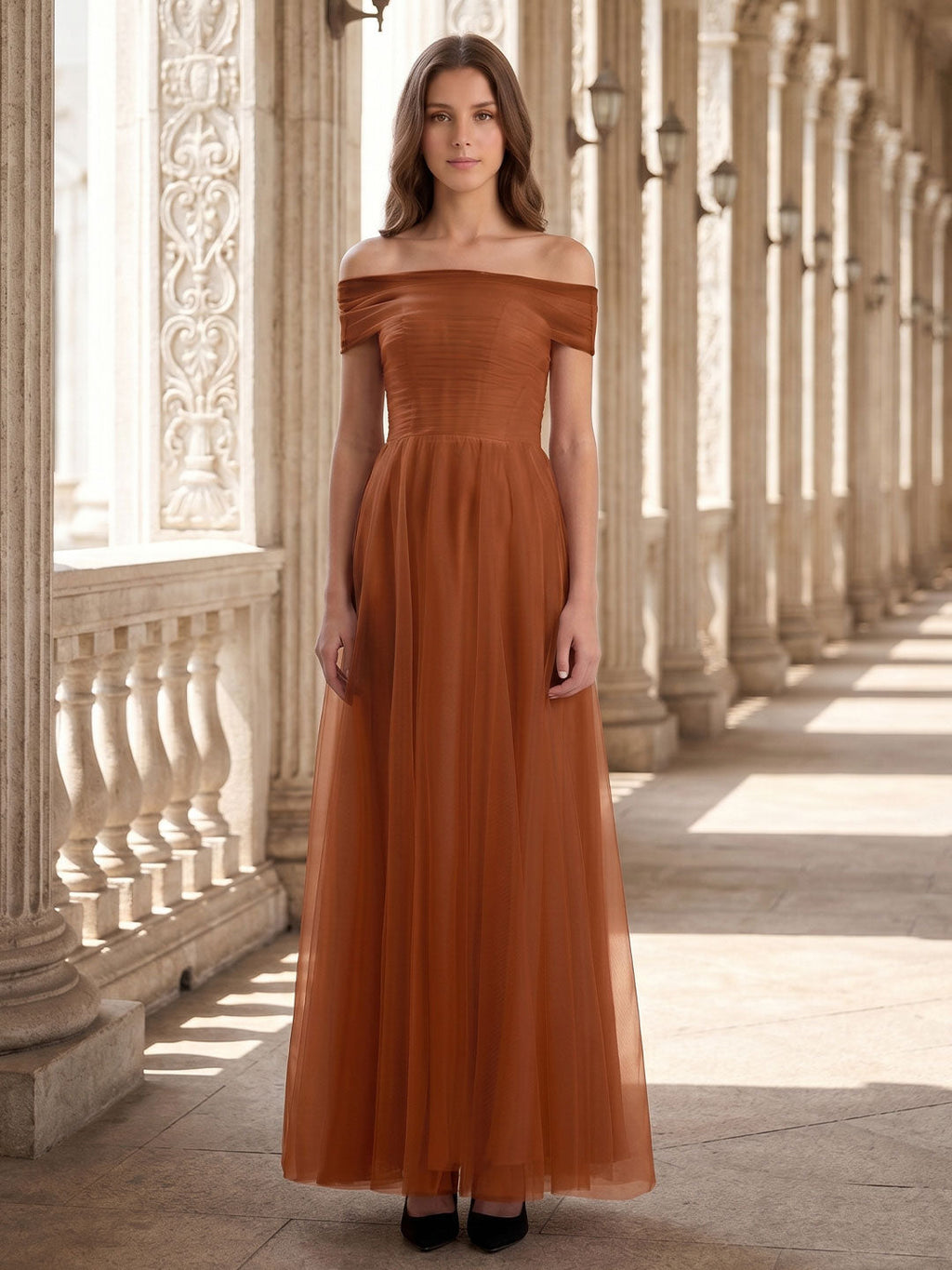 Terracotta Tulle A-Line Off-the-Shoulder Backless Floor-Length Bridesmaid Dress with Bow - Curvevia