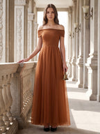 Terracotta Tulle A-Line Off-the-Shoulder Backless Floor-Length Bridesmaid Dress with Bow - Curvevia
