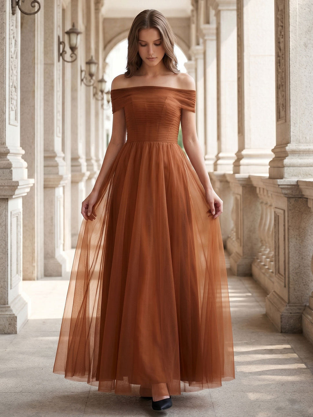 Terracotta Tulle A-Line Off-the-Shoulder Backless Floor-Length Bridesmaid Dress with Bow - Curvevia