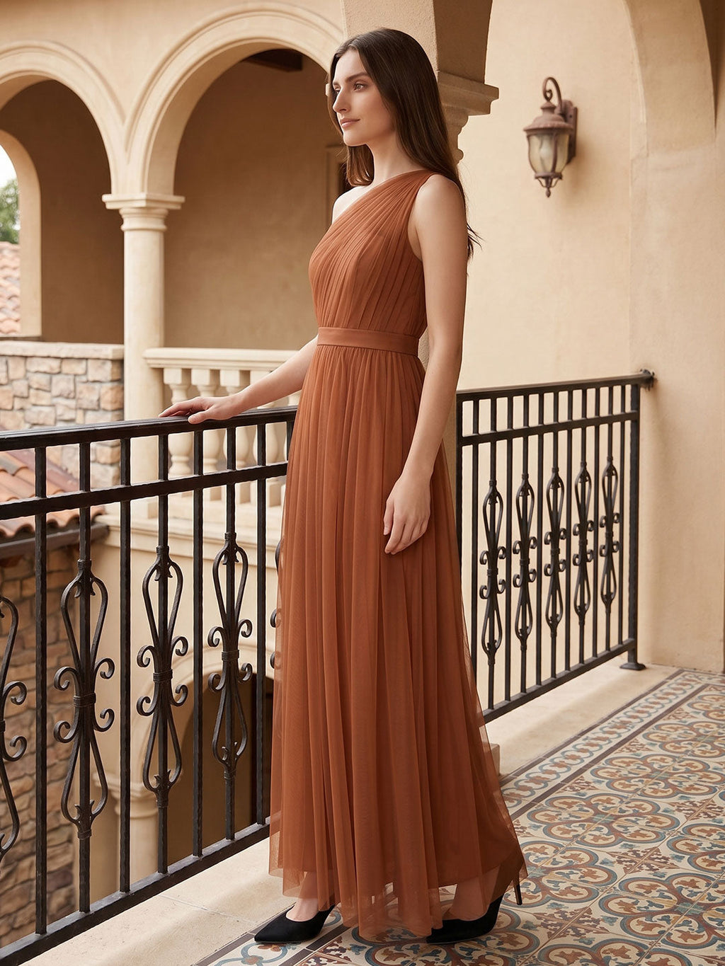 Terracotta Tulle A-Line One Shoulder Back Zip Floor-Length Bridesmaid Dress - Curvevia