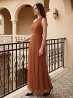 Terracotta Tulle A-Line One Shoulder Back Zip Floor-Length Bridesmaid Dress - Curvevia