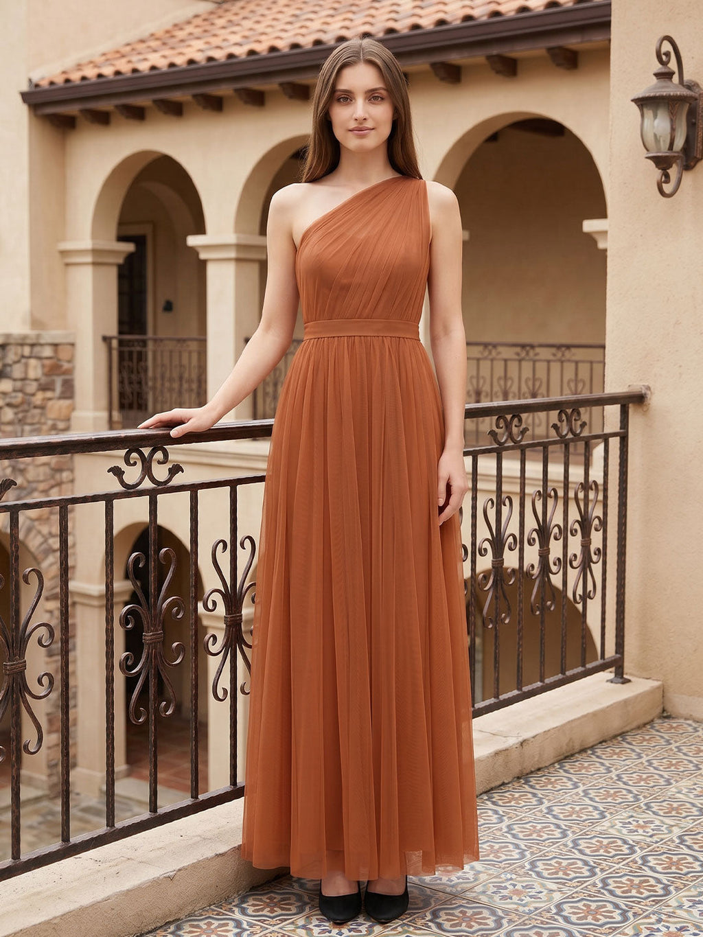 Terracotta Tulle A-Line One Shoulder Back Zip Floor-Length Bridesmaid Dress - Curvevia