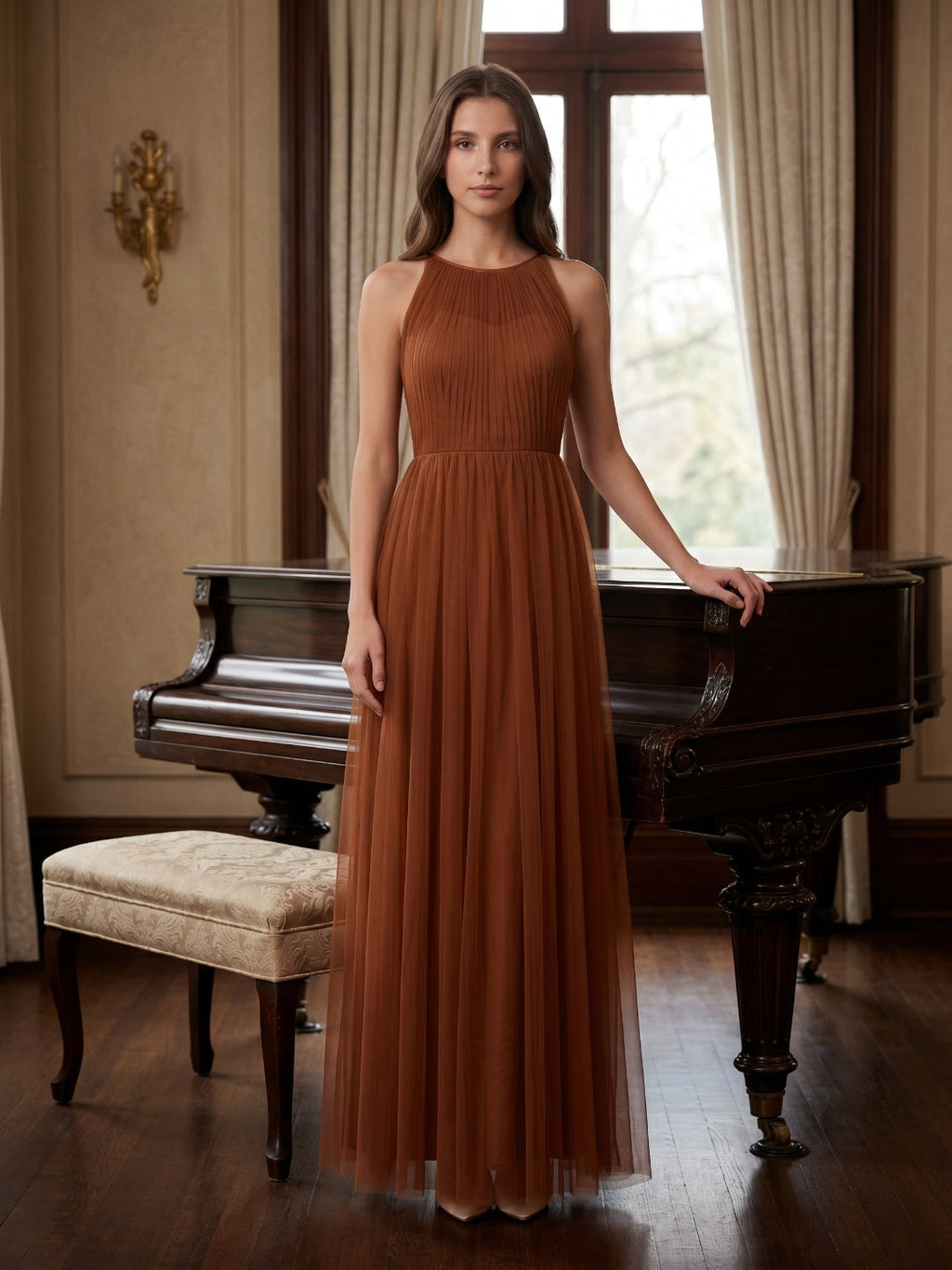 Terracotta Tulle A-Line Scoop Neck Back Zip Floor-Length Pleated Bridesmaid Dress - Curvevia