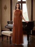 Terracotta Tulle A-Line Scoop Neck Back Zip Floor-Length Pleated Bridesmaid Dress - Curvevia