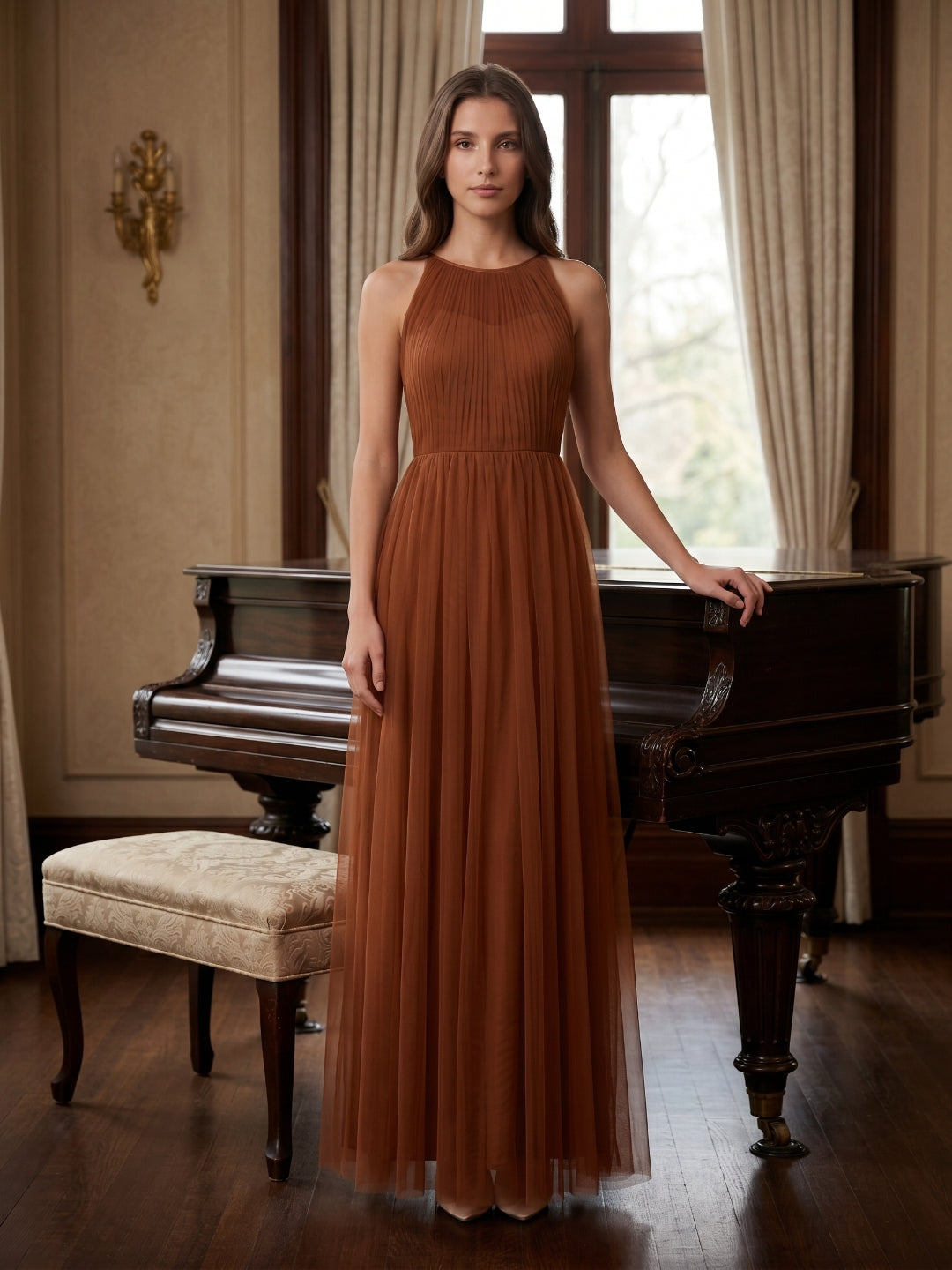 Terracotta Tulle A-Line Scoop Neck Back Zip Floor-Length Pleated Bridesmaid Dress - Curvevia