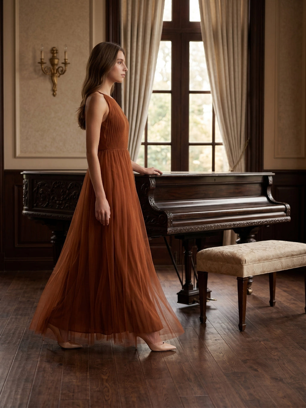 Terracotta Tulle A-Line Scoop Neck Back Zip Floor-Length Pleated Bridesmaid Dress - Curvevia