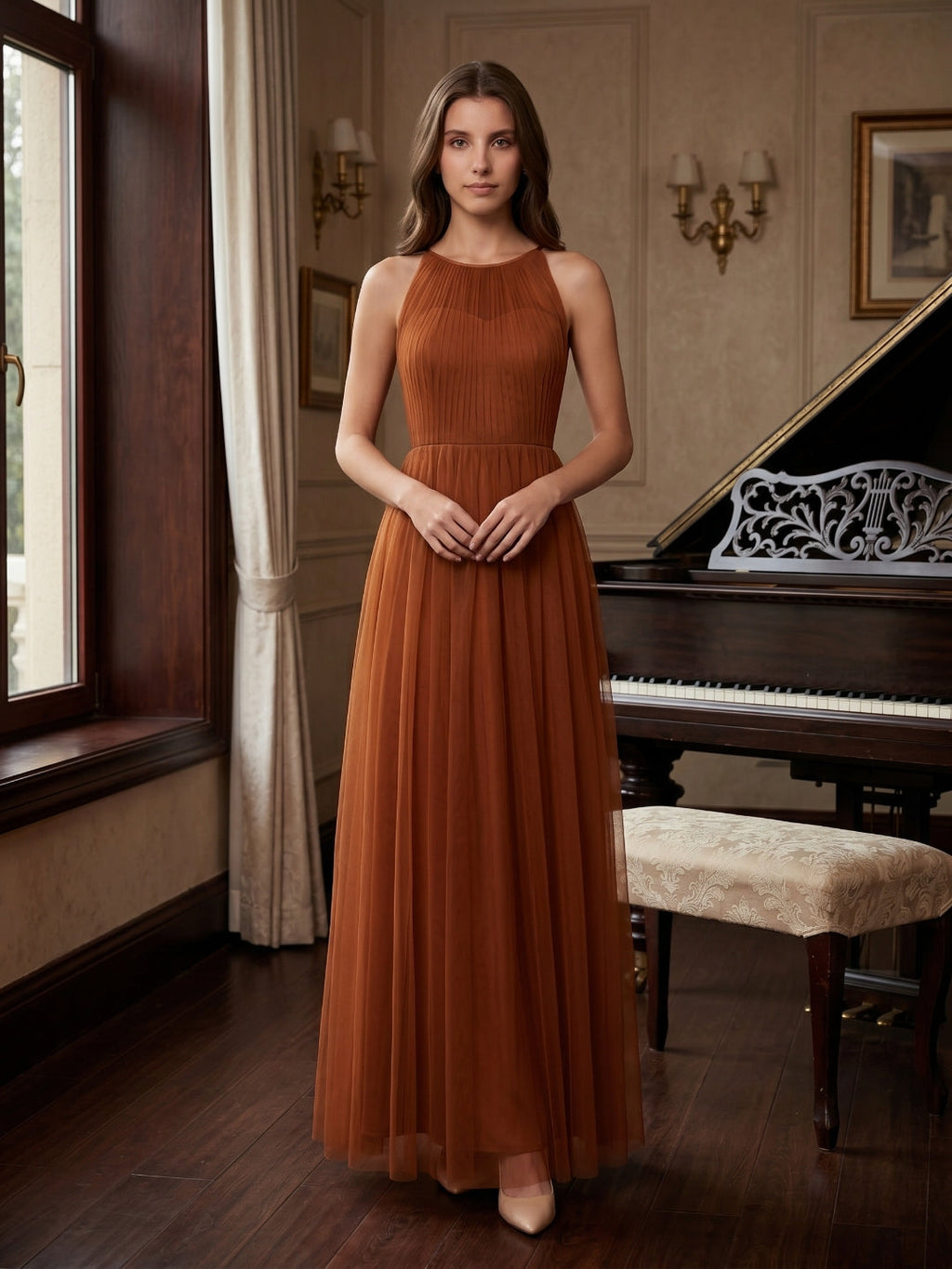 Terracotta Tulle A-Line Scoop Neck Back Zip Floor-Length Pleated Bridesmaid Dress - Curvevia