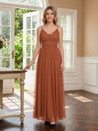 Terracotta Tulle A-Line V-Neck Backless Floor-Length Pleated Bridesmaid Dress - Curvevia